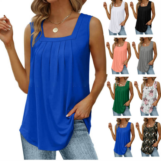 👕✨ Women's Square Neck Sleeveless Vest T-Shirt – Pleated Front, Flowy Fit, Versatile Style 🌸