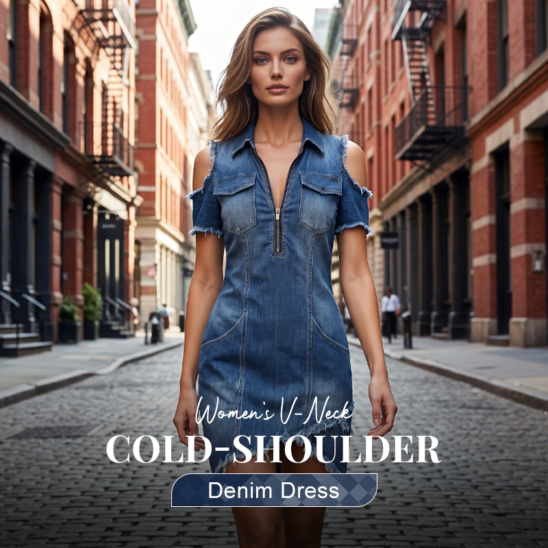 👗 50% OFF NOW! 💙 Women's Cold-Shoulder Denim Dress – V-Neck, Flowy & Boho – Effortless Summer Style with a Touch of Edge 🌸