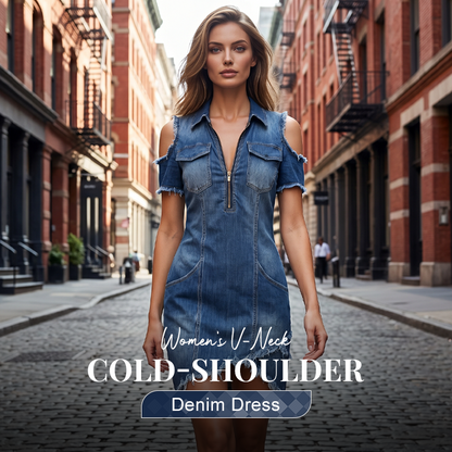 👗 50% OFF NOW! 💙 Women's Cold-Shoulder Denim Dress – V-Neck, Flowy & Boho – Effortless Summer Style with a Touch of Edge 🌸