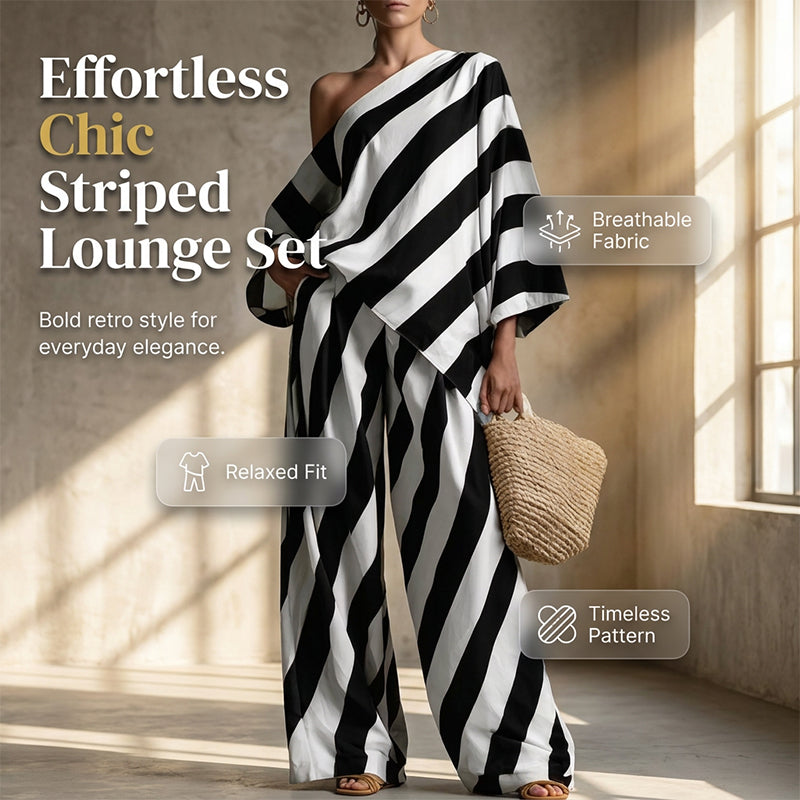 Women's Asymmetrical Stripe Top & Wide-Leg Pants Set