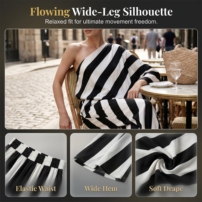 Women's Asymmetrical Stripe Top & Wide-Leg Pants Set