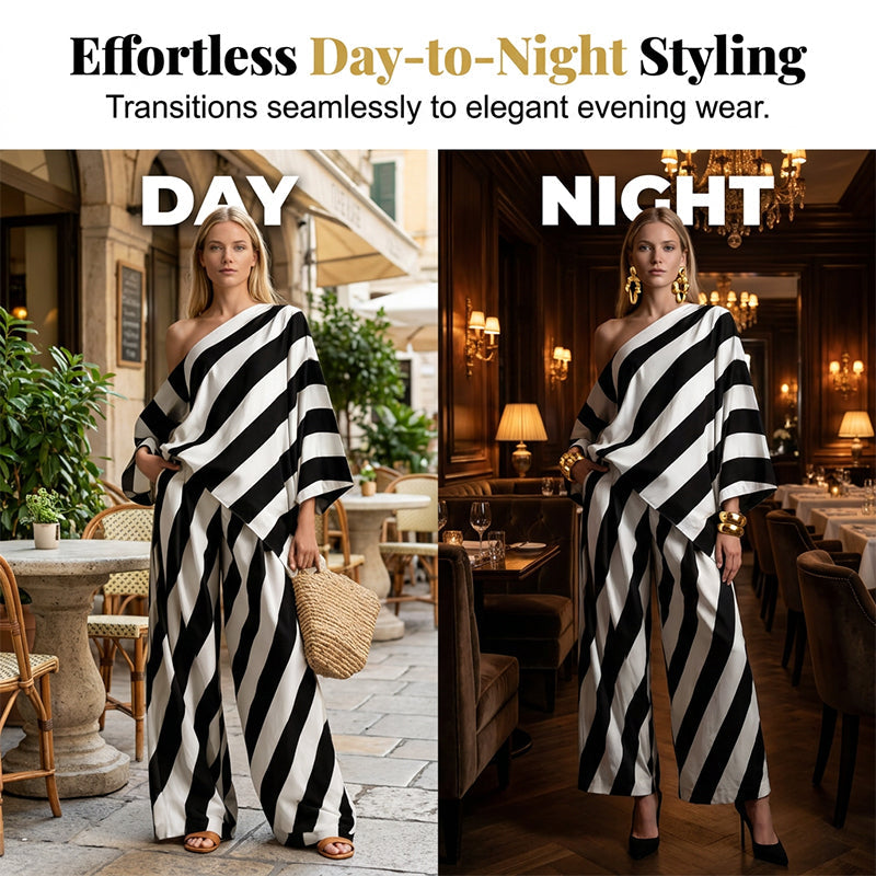Women's Asymmetrical Stripe Top & Wide-Leg Pants Set