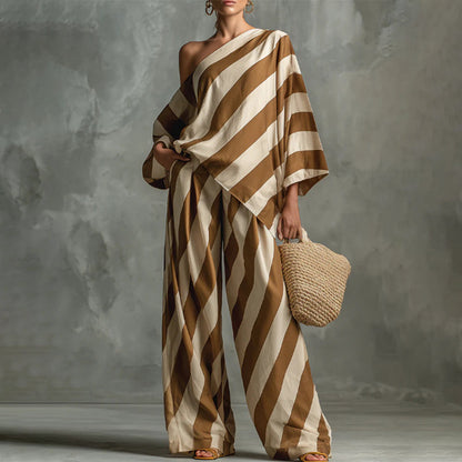 Women's Asymmetrical Stripe Top & Wide-Leg Pants Set