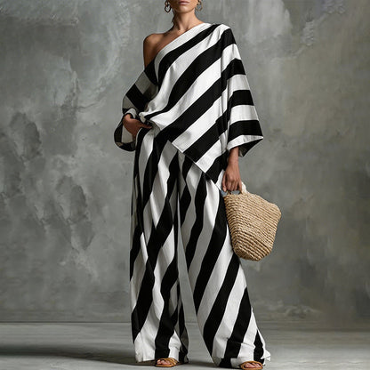Women's Asymmetrical Stripe Top & Wide-Leg Pants Set
