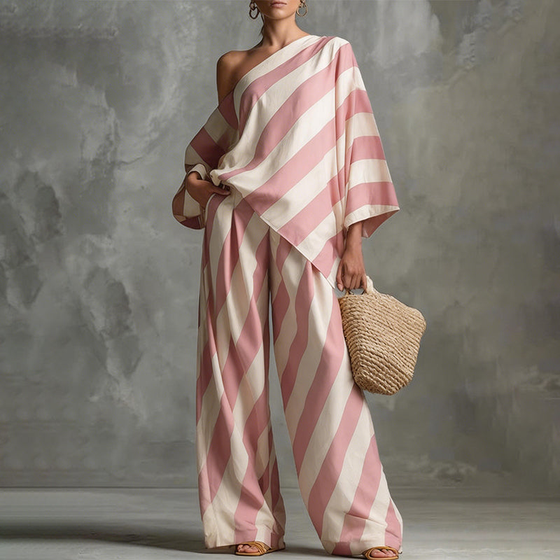 Women's Asymmetrical Stripe Top & Wide-Leg Pants Set